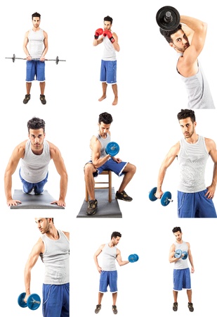 photo collage of young adult man making fitness excerciseの写真素材