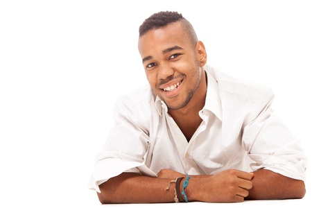 stockphoto, smiling afro american man on white isolated backgroundの写真素材