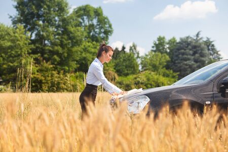 Businesswoman lost in a field and looking at a mapの写真素材