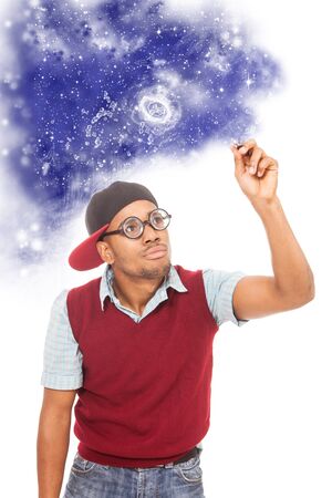 African guy nerd is drawing space dreams over white isolated backgroundの写真素材