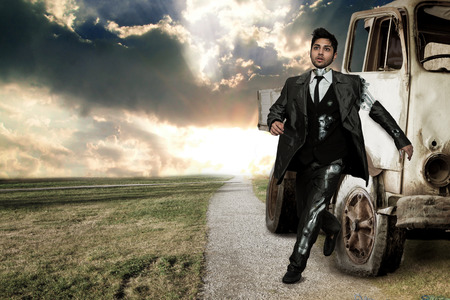 Robot businessman over landscape backgroundの写真素材