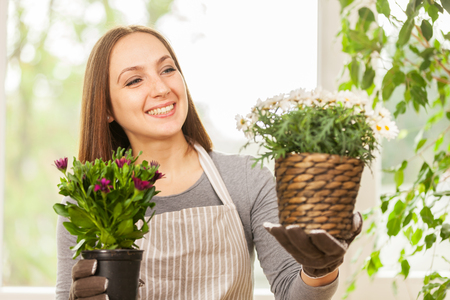 Caucasian young woman doing some gardening at home with her colorful plantsの写真素材