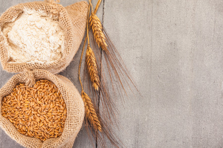 Photo of wheat grains and flour on the wooden tableの写真素材