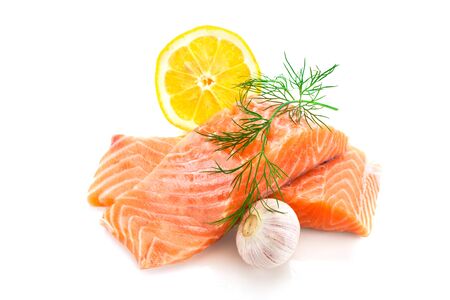 Photo of fresh tasty salmon over white isolated backgroundの写真素材