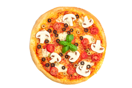Photo of tasty pizza with mushrooms over white isolated backgroundの写真素材