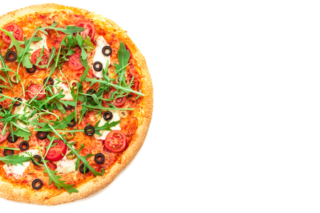 Photo of delicious pizza with rucola over white isolated backgroundの写真素材