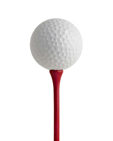 golf ball on red tee, white backgroundの写真素材