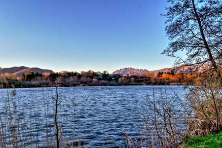 Landscape of the Lake Sartirana in Merate Lc Lombardy Italyの写真素材