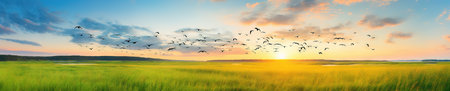 A flock of geese flies over a meadow at sunset.の素材