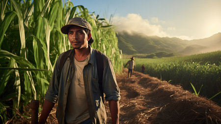 Handsome asian farmer in sugarcane field at sunsetの素材
