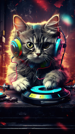 Cute kitten playing music on a dj's deck with headphones.の素材