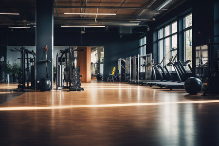 Interior of a fitness hall with equipment. Toned image.の素材