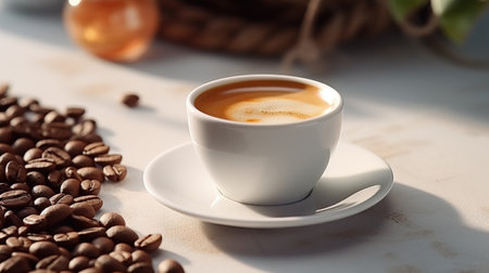 Cup of coffee with beans on white marble table, closeupの素材