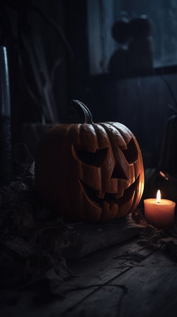 Halloween pumpkin head jack o lantern with burning candle on dark backgroundの素材