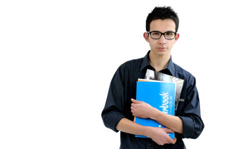 Student with notebooks and books photographed on white background, leaving white space on the left...