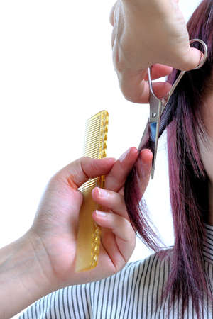 Hairdresser who performs a fashionable cut on the hair of a woman of Caucasian originの写真素材