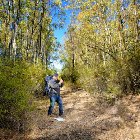 Hiker taking pictures in a forest, during a beautiful autumn day.の写真素材