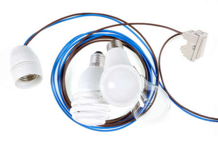 Close-up of components for a residential electrical installation, photographed on a white background.の写真素材