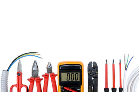 Close up of work tools for residential electrical installation isolated on white background. Space for text / announcementの写真素材