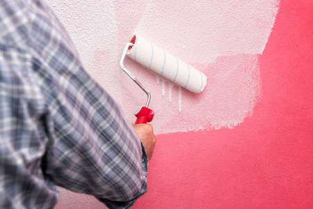Caucasian house painter worker, painting the pink wall with white paint using the roller. Construction industry. Work safety.の写真素材
