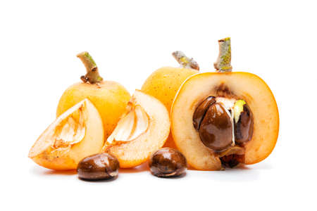 Fresh loquats freshly picked in an organic cultivation, photographed on a white background. Natural and healthy fruit.の写真素材