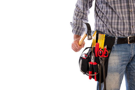 Craftsman carpenter adult isolated on white background, holding a carpenterâs hammer. Work tools industry construction and do-it-yourself housework. Stock photography.の写真素材