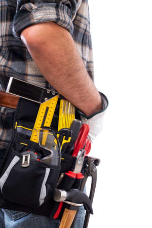Rear view of a carpenter isolated on a white background, he is wearing leather work gloves. Work tools industry construction and do it yourself housework. Stock photography.の写真素材