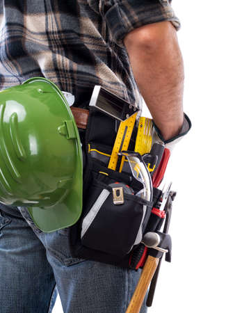 Rear view of a carpenter isolated on a white background, he is wearing leather work gloves. Work tools industry construction and do it yourself housework. Stock photography.の写真素材