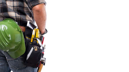 Rear view of a carpenter isolated on a white background, he is wearing leather work gloves. Work tools industry construction and do it yourself housework. Stock photography.の写真素材