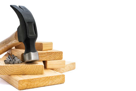 Close-up of a carpenter's hammer on white background. Construction industry, do it yourself. Text...