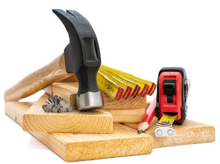 Close-up of hammer and carpenter's tools on a white background. Construction industry, do it yourself.の写真素材