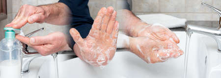 Coronavirus prevention. Hand washing with hot soapy water stops the infection from Covid-19, STOP sign. Personal hygiene. Health.の写真素材