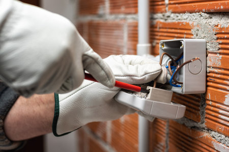 Electrician worker at work with screwdriver fixes the cable in the sockets of a residential...