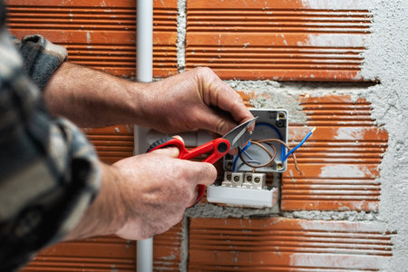 Electrician worker at work with scissors prepares electrical cables of a residential electrical system. Construction industry.の写真素材