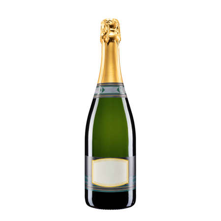 Close up of sparkling wine bottle isolated on white background. Food alcoholic beverages.の写真素材