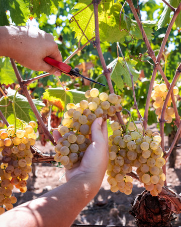 Vermentino grapes. Farmer manually harvesting the bunches of grapes with scissors. Traditional agriculture. Sardinia.の写真素材