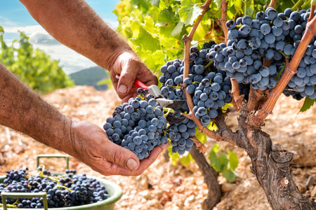 Cannonau grapes. Farmer manually harvesting the bunches of grapes with scissors. Traditional agriculture. Sardinia.の写真素材