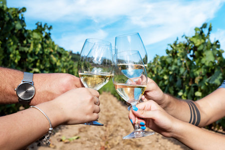 Vermentino wine. Young boys toast with a glass of white wine among the rows of a vineyard. Lifestyle, food and drink.の写真素材