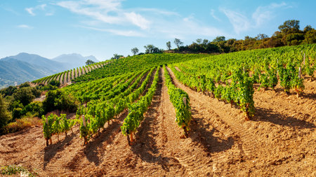 <p>Mountain landscape with the cultivation of vineyards for the production of wine, Sardinia, Italy. Traditional agriculture.</p>の写真素材