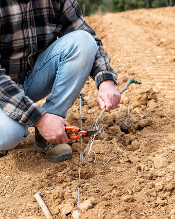 Farmer in the new vineyard prepares and plants the new vine seedlings in the ground. Agricultural industry, winery.の写真素材