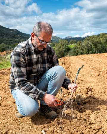 Farmer in the new vineyard prepares and plants the new vine seedlings in the ground. Agricultural industry, winery.の写真素材