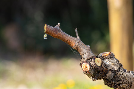 Drop of sap falling from the vine branch after pruning in winter. Sardinia, Italy. Traditional organic agriculture.の写真素材