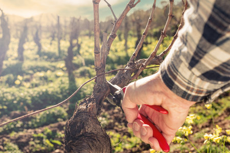 Close-up of the hands of the winemaker pruning the vineyard at sunset, with professional steel scissors. Traditional agriculture. Winter pruning, Guyot method.の写真素材