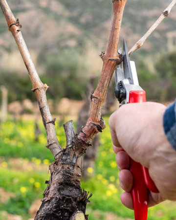Close-up of the hands of the winemaker pruning the vineyard with professional steel scissors. Traditional agriculture. Winter pruning, Guyot method.の写真素材