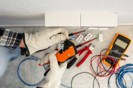 Electrician worker at work with wire stripper pliers prepares the electrical cables of an electrical system. Working safely with protective gloves. Construction industry.の写真素材