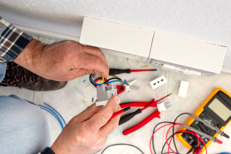 Electrician worker inserts electrical cables into the socket terminals of an electrical system. Construction industry.の写真素材