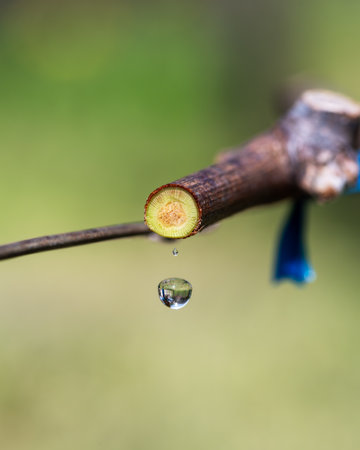 Drop of sap falling from vine branch with young shoots in spring. Sardinia, Italy. Traditional organic agriculture.の写真素材