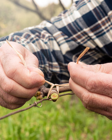 The ligature. Winemaker ties the new shoot to the wire after pruning with vegetable raffia. Traditional agriculture. Winter pruning, Guyot method.の写真素材