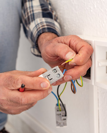 Electrician worker inserts electrical cables into the socket terminals of an electrical system. Construction industry.の写真素材