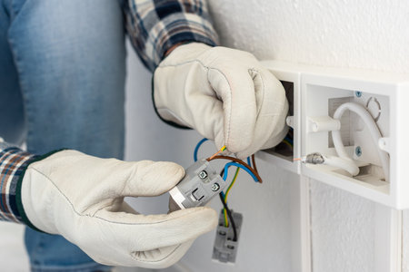 Electrician worker inserts electrical cables into the socket terminals of an electrical system. Working safely with protective gloves. Construction industry.の写真素材